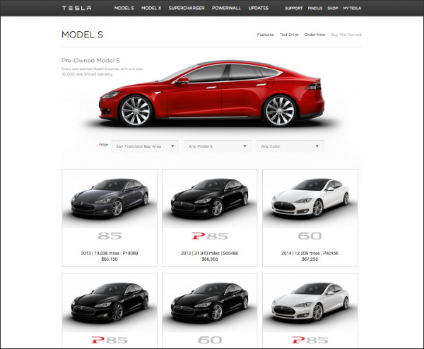 Tesla Motors Webseite mit Model S Gebrauchtwagen